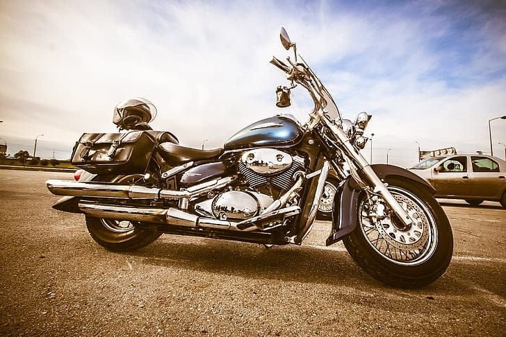 Cruiser motorcycle with chrome fittings ready for transport from Delhi to Pune